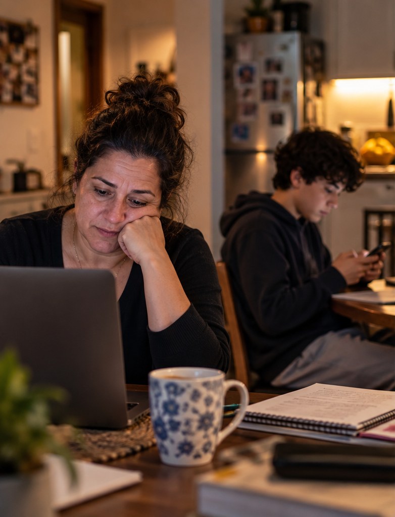 Mãe em casa, cansada, trabalhando no notebook enquanto o filho usa o celular ao fundo
